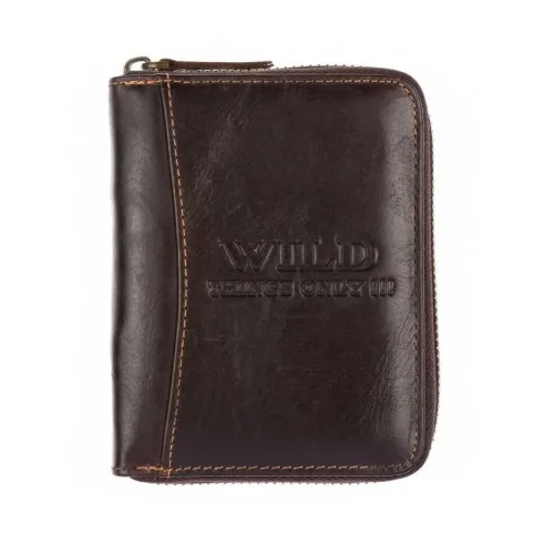 Skórzany portfel WILD 708 brązowy na suwak styl vintage / WILD 708 brown leather zip wallet vintage style